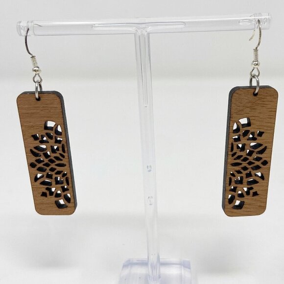 Floral Mandala Wood Bar Dangle Earrings NWT - Picture 2 of 7